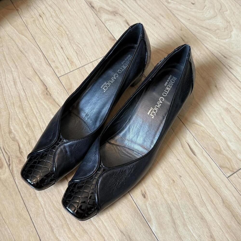 Black Genuine Leather Square Toe Flats